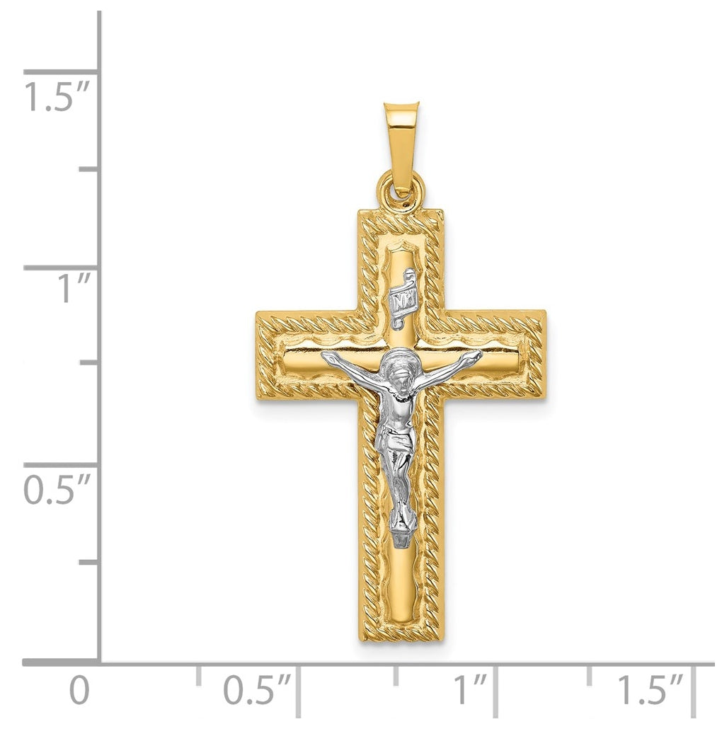 14K Two-Tone Gold Hollow Polished Rope Edge Latin Crucifix – Elegant Jewelry Gift for Birthday, Anniversary, Engagement, Wedding
