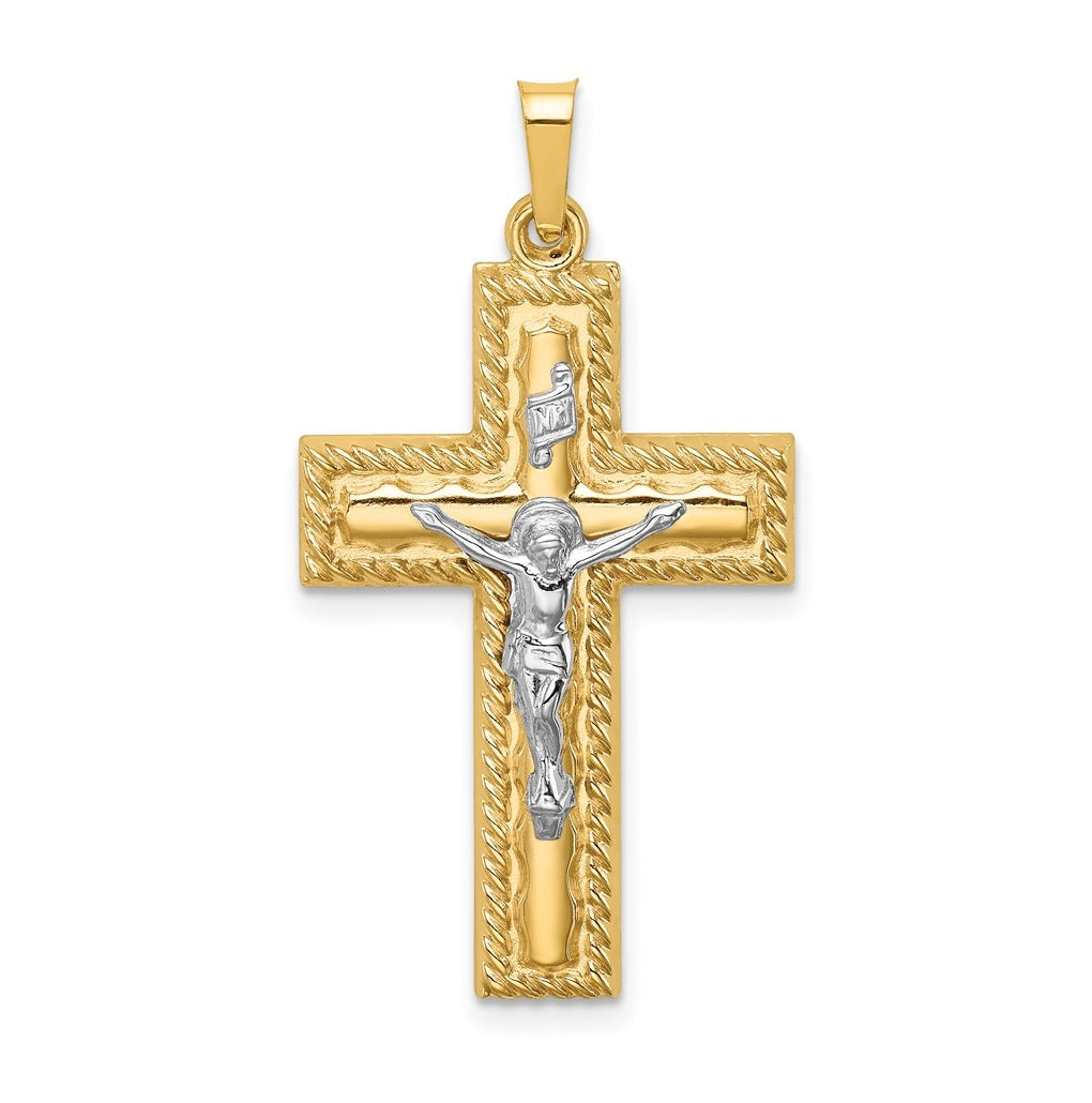 14K Two-Tone Gold Hollow Polished Rope Edge Latin Crucifix – Elegant Jewelry Gift for Birthday, Anniversary, Engagement, Wedding