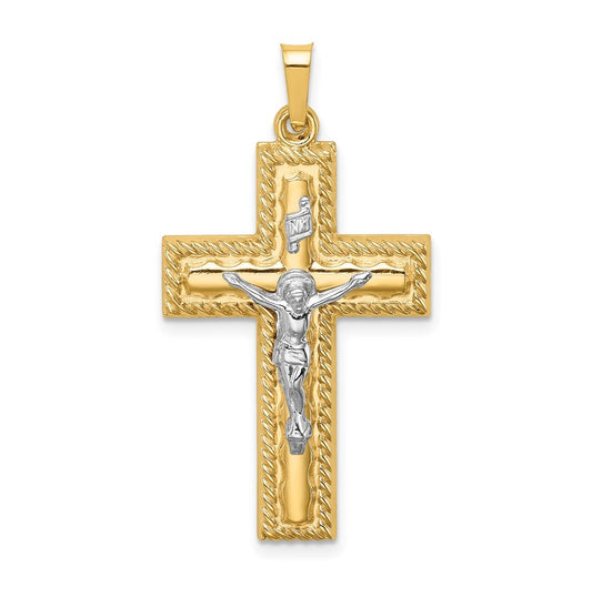 14K Two-Tone Gold Hollow Polished Rope Edge Latin Crucifix – Elegant Jewelry Gift for Birthday, Anniversary, Engagement, Wedding