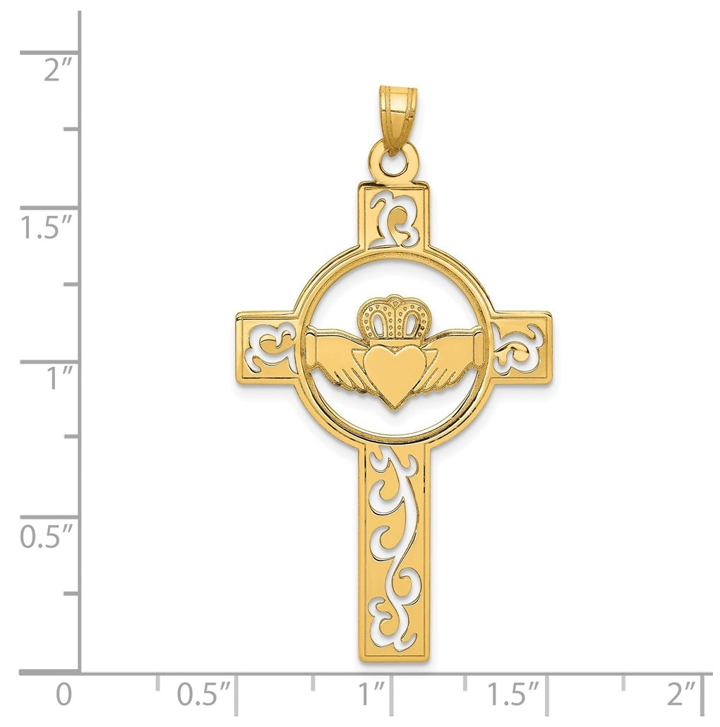 14K Yellow Gold Laser Cut Claddagh Cross Charm – Elegant Jewelry Gift for Birthday, Anniversary, Engagement, Wedding