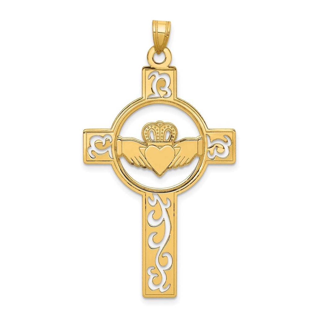 14K Yellow Gold Laser Cut Claddagh Cross Charm – Elegant Jewelry Gift for Birthday, Anniversary, Engagement, Wedding