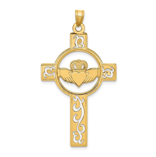 14K Yellow Gold Laser Cut Claddagh Cross Charm – Elegant Jewelry Gift for Birthday, Anniversary, Engagement, Wedding