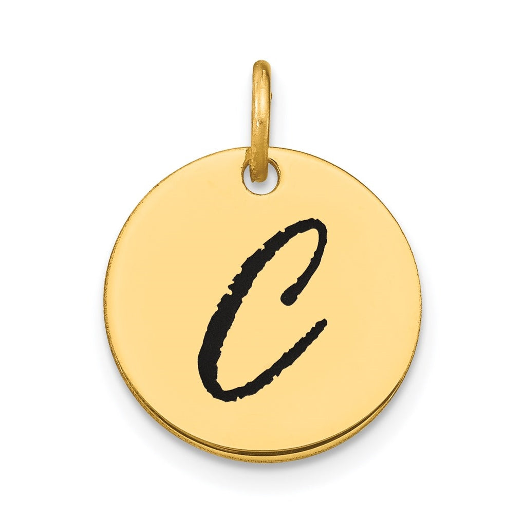 14K Yellow Gold Polished Black Enamel Letter C Initial Disk Charm