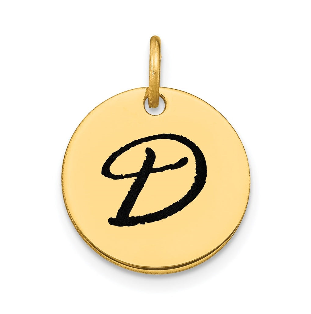 14K Yellow Gold Polished Black Enamel Letter D Initial Disk Charm