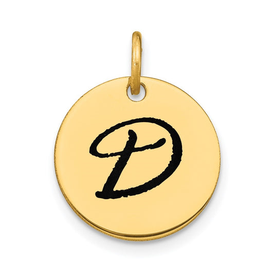 14K Yellow Gold Polished Black Enamel Letter D Initial Disk Charm