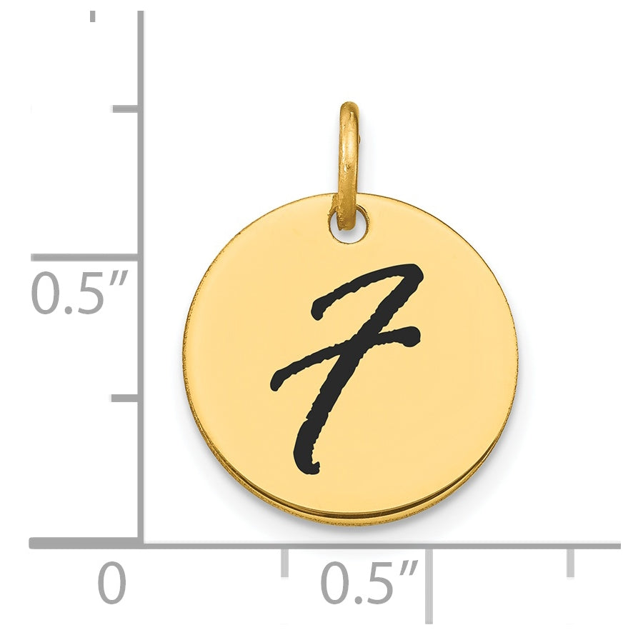 14K Yellow Gold Polished Black Enamel Letter F Initial Disk Charm