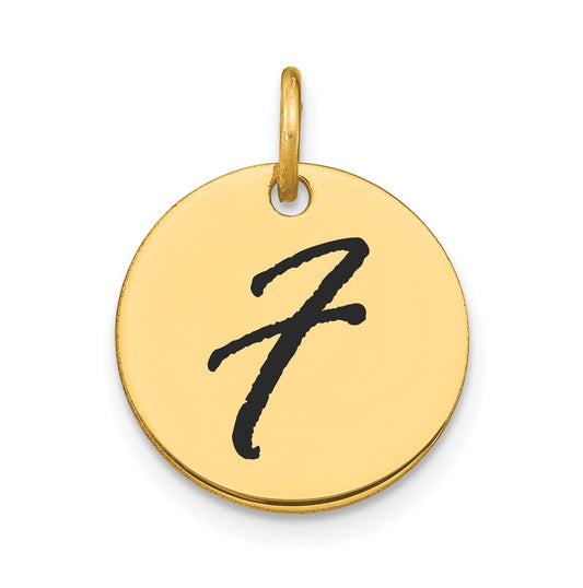 14K Yellow Gold Polished Black Enamel Letter F Initial Disk Charm