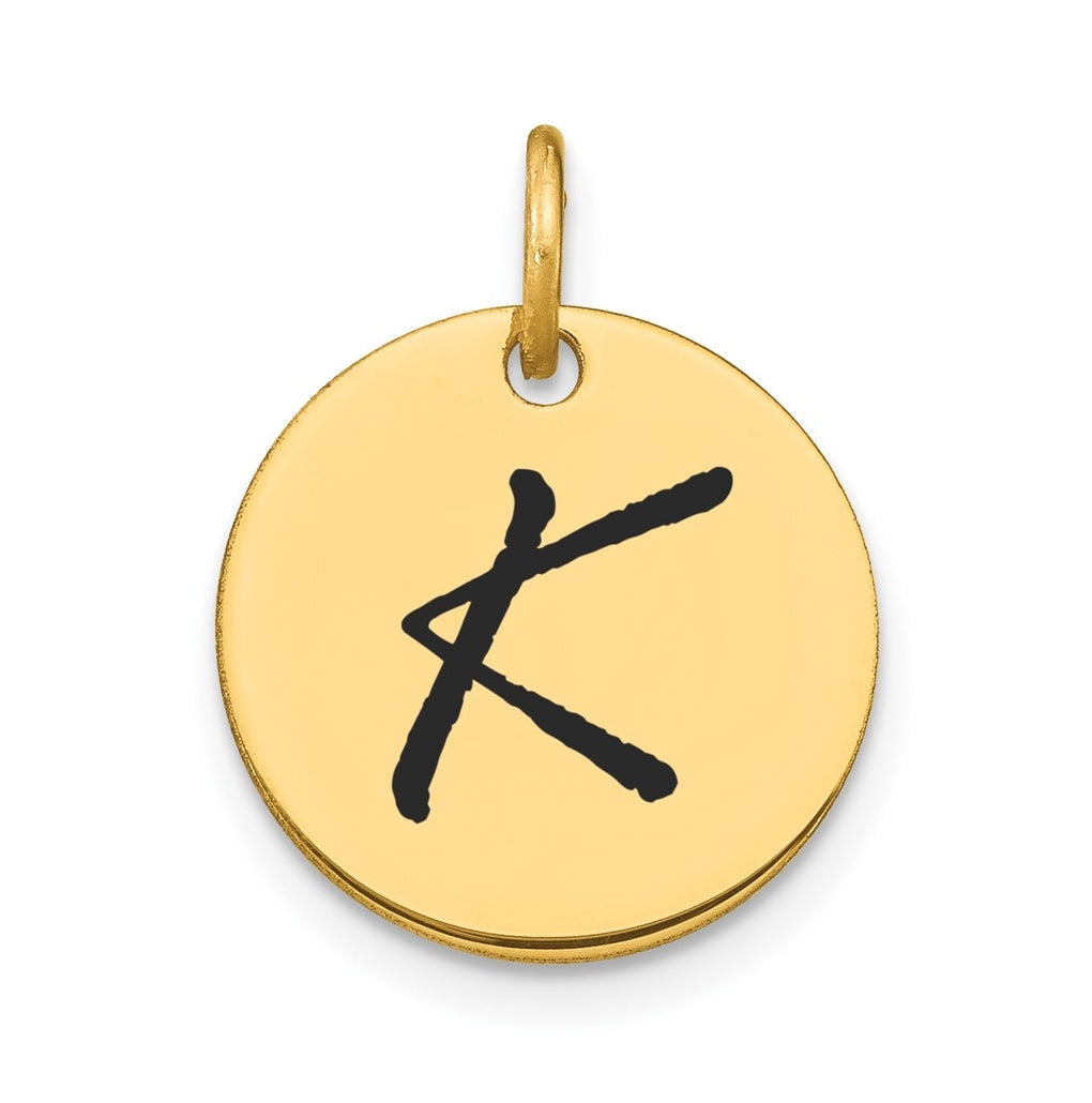 14K Yellow Gold Polished Black Enamel Letter K Initial Disk Charm