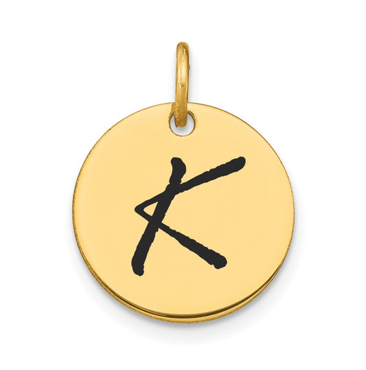 14K Yellow Gold Polished Black Enamel Letter K Initial Disk Charm
