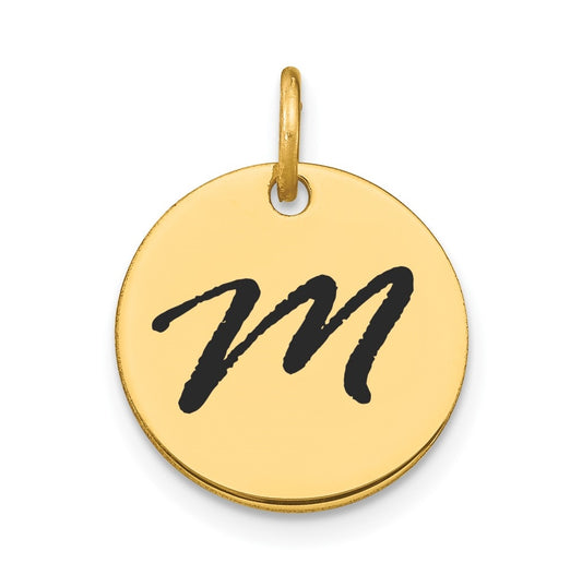 14K Yellow Gold Polished Black Enamel Letter M Initial Disk Charm