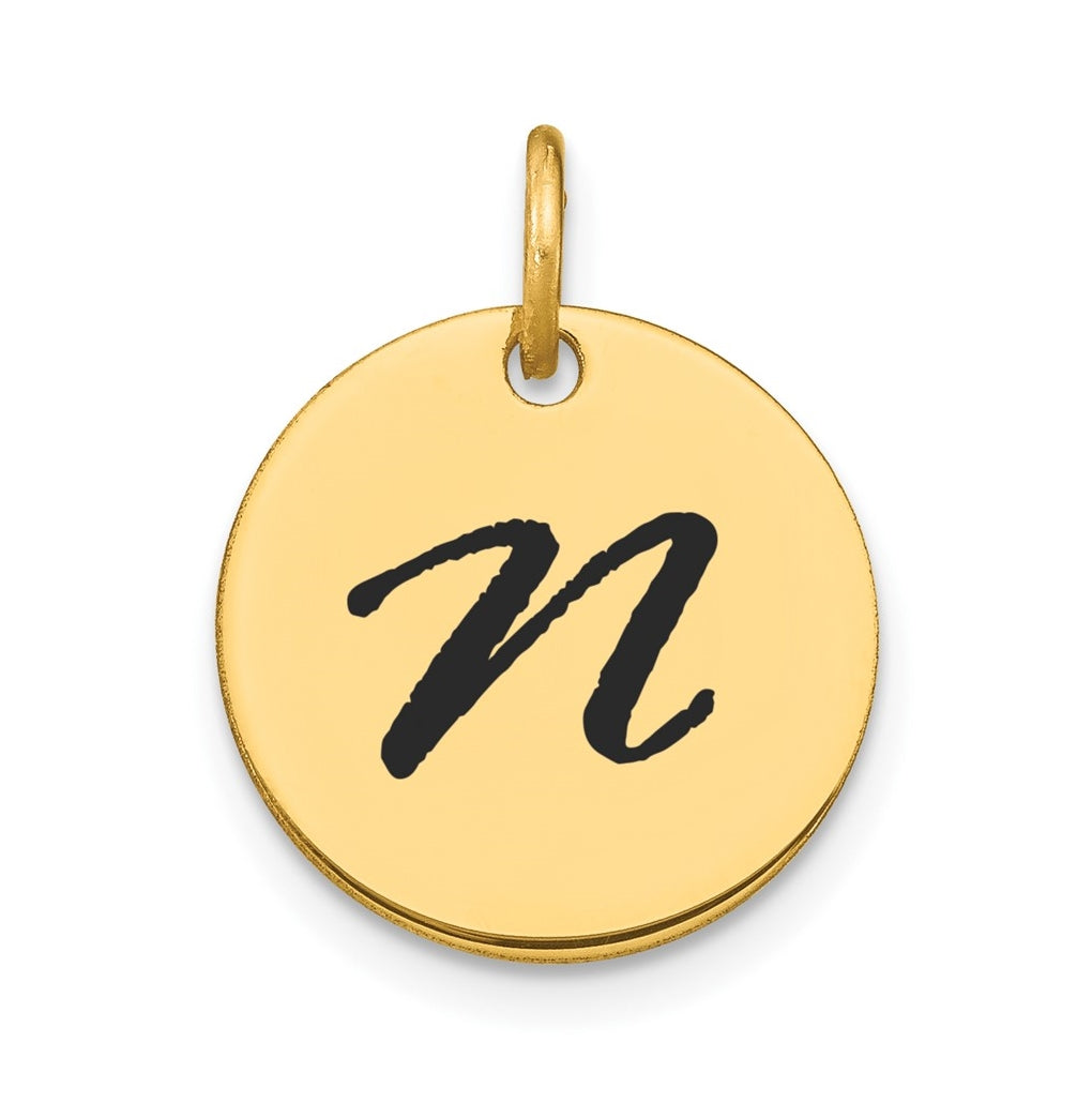 14K Yellow Gold Polished Black Enamel Letter N Initial Disk Charm