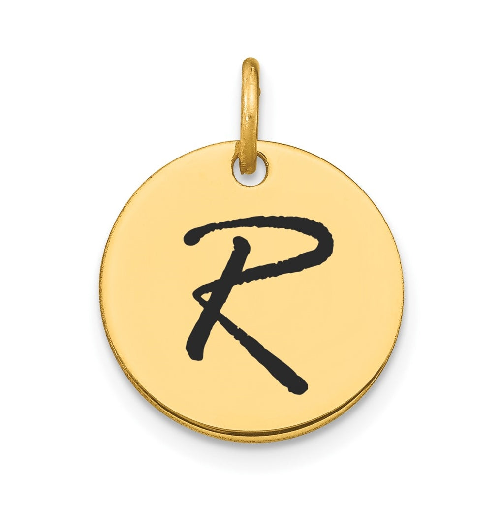 14K Yellow Gold Polished Black Enamel Letter R Initial Disk Charm