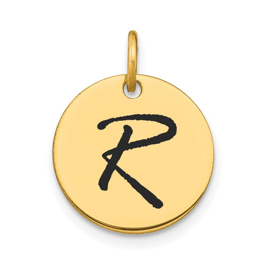 14K Yellow Gold Polished Black Enamel Letter R Initial Disk Charm