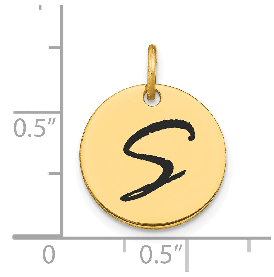 14K Yellow Gold Polished Black Enamel Letter S Initial Disk Charm
