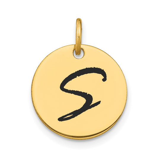 14K Yellow Gold Polished Black Enamel Letter S Initial Disk Charm