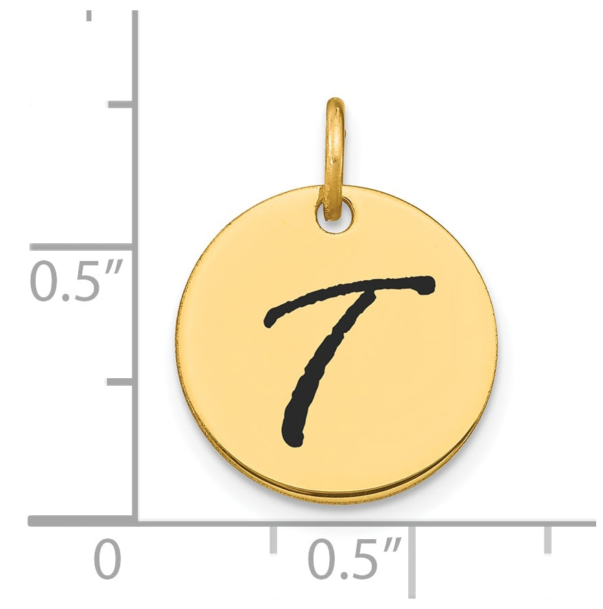 14K Yellow Gold Polished Black Enamel Letter T Initial Disk Charm