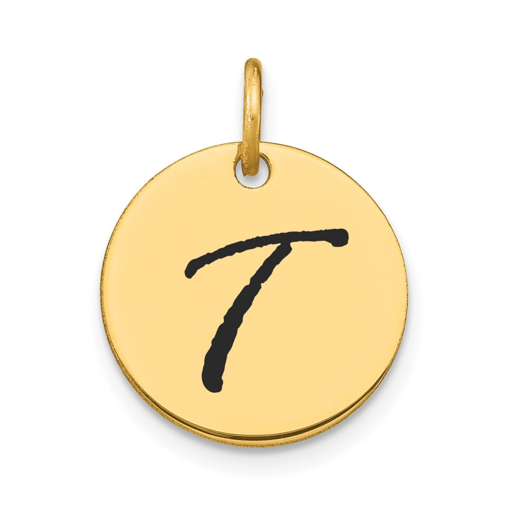 14K Yellow Gold Polished Black Enamel Letter T Initial Disk Charm