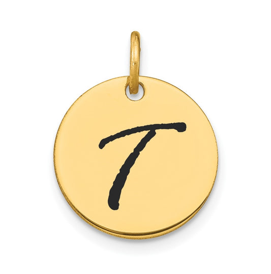 14K Yellow Gold Polished Black Enamel Letter T Initial Disk Charm