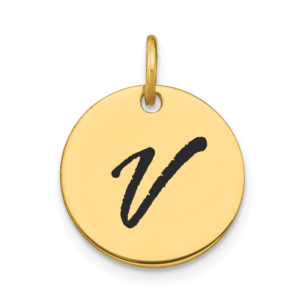 14K Yellow Gold Polished Black Enamel Letter V Initial Disk Charm