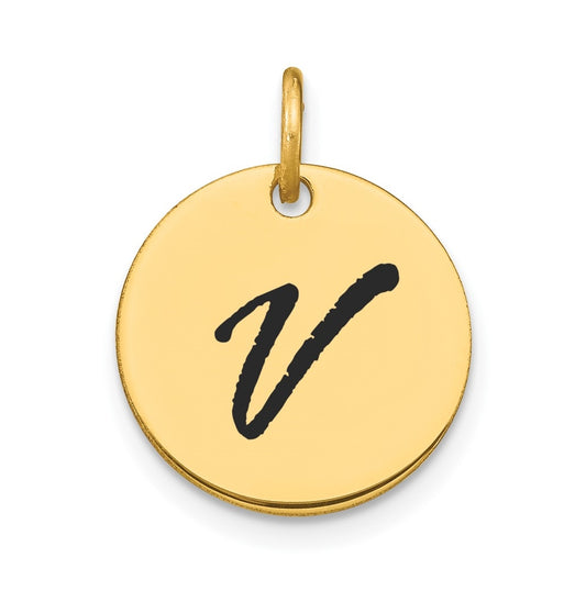14K Yellow Gold Polished Black Enamel Letter V Initial Disk Charm