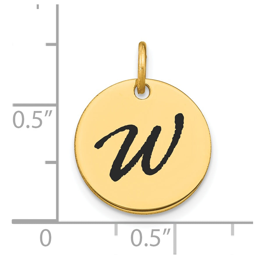 14K Yellow Gold Polished Black Enamel Letter W Initial Disk Charm