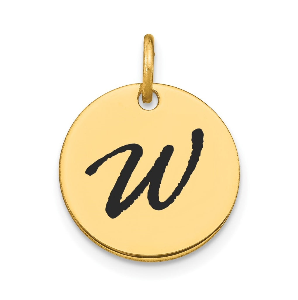 14K Yellow Gold Polished Black Enamel Letter W Initial Disk Charm