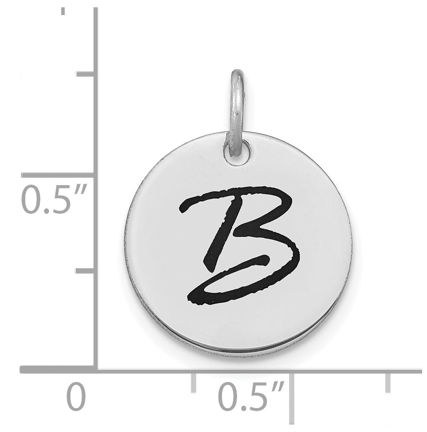 14K White Gold Polished Black Enamel Letter B Initial Disk Charm