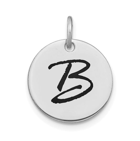 14K White Gold Polished Black Enamel Letter B Initial Disk Charm