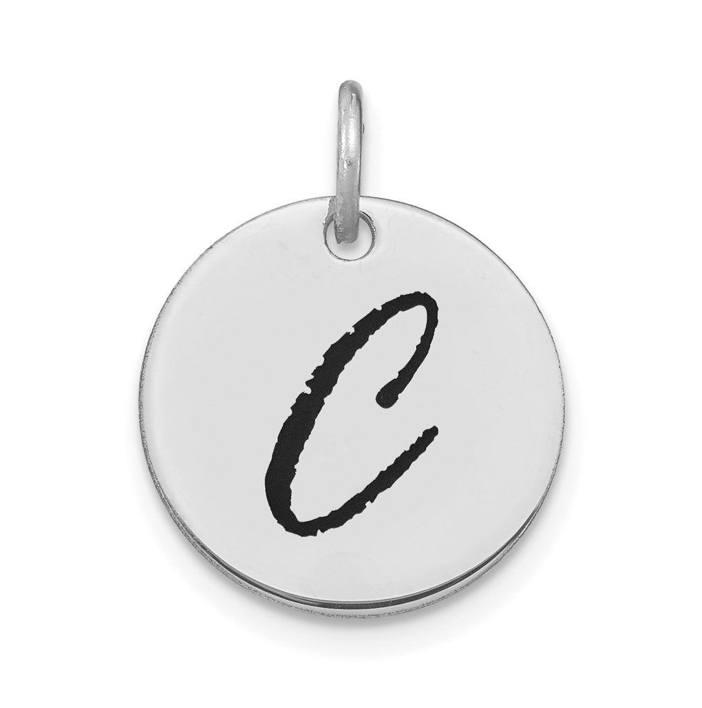 14K White Gold Polished Black Enamel Letter C Initial Disk Charm