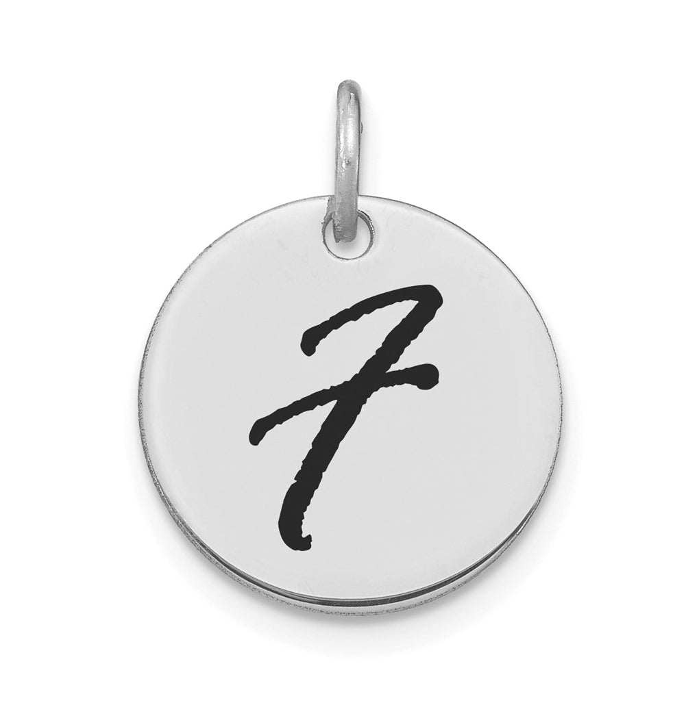 14K White Gold Polished Black Enamel Letter F Initial Disk Charm