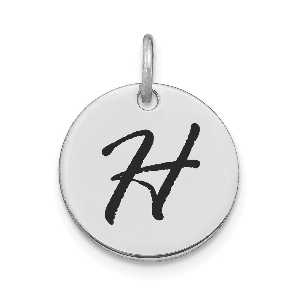 14K White Gold Polished Black Enamel Letter H Initial Disk Charm