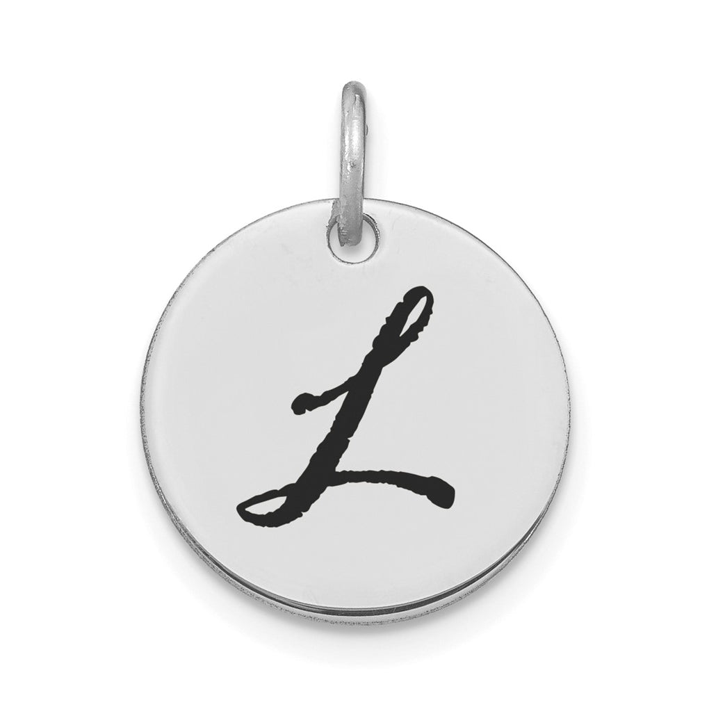 14K White Gold Polished Black Enamel Letter L Initial Disk Charm