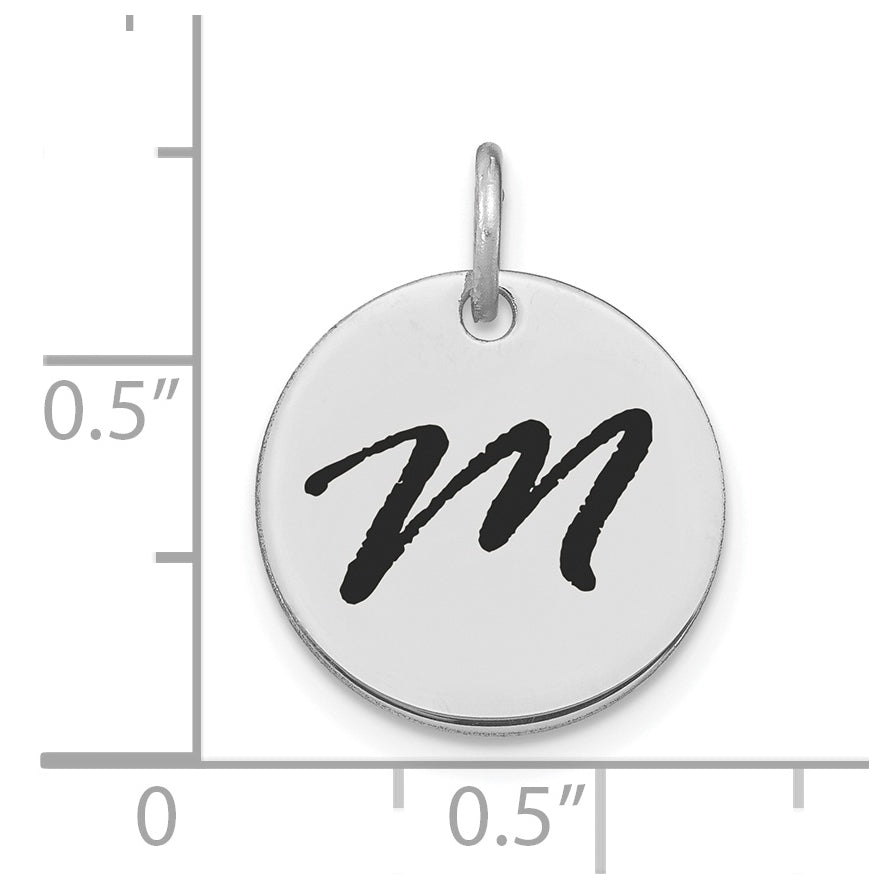 14K White Gold Polished Black Enamel Letter M Initial Disk Charm