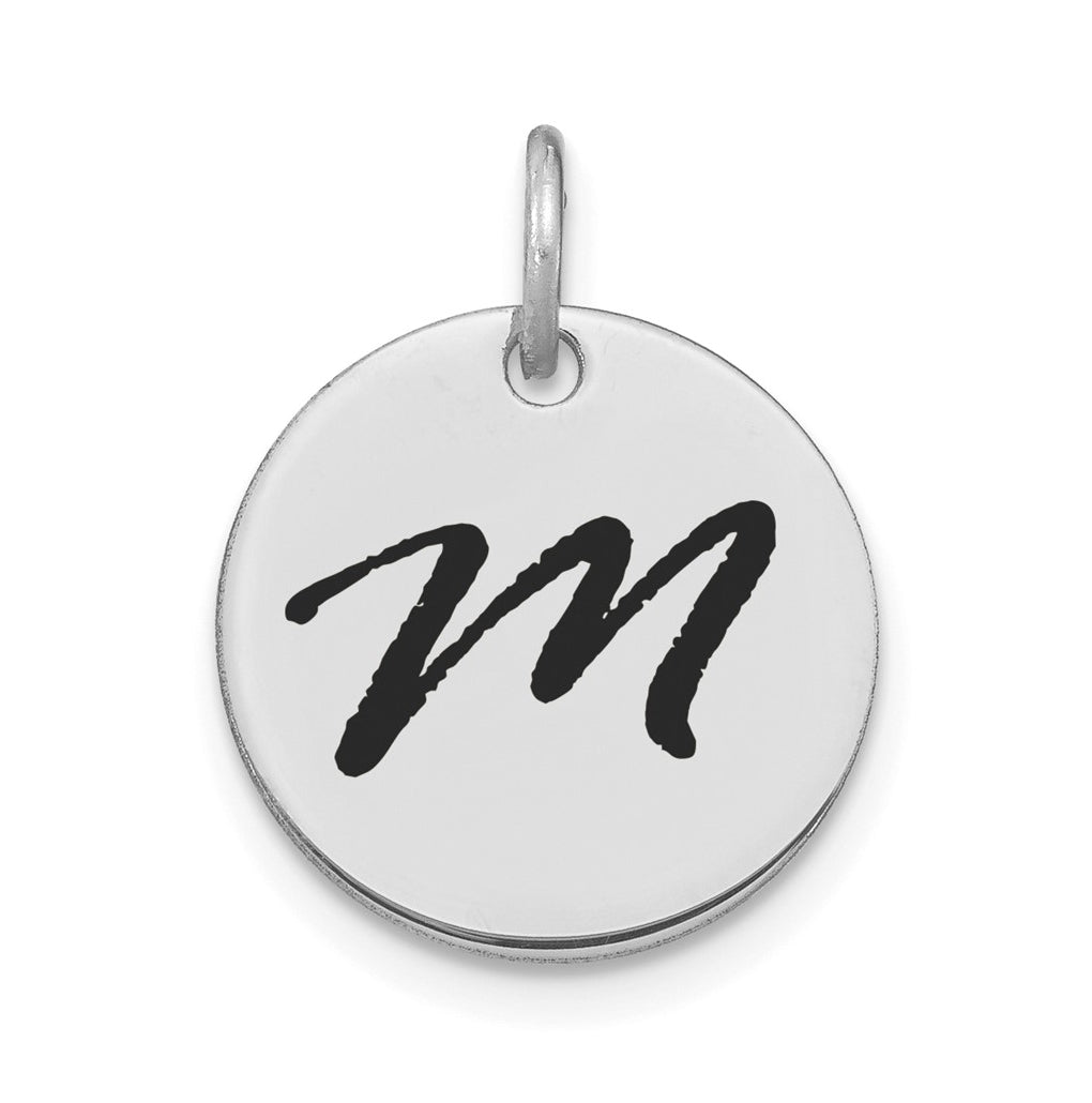 14K White Gold Polished Black Enamel Letter M Initial Disk Charm