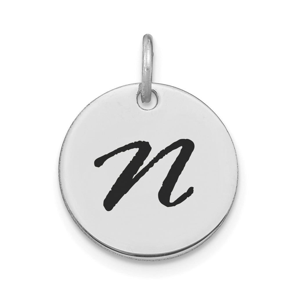 14K White Gold Polished Black Enamel Letter N Initial Disk Charm