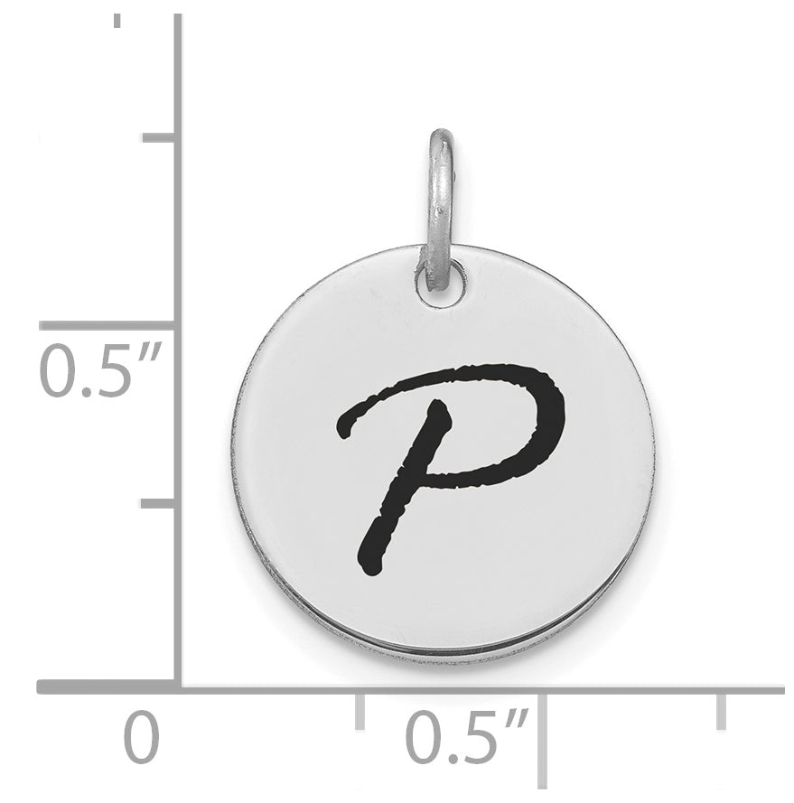 14K White Gold Polished Black Enamel Letter P Initial Disk Charm
