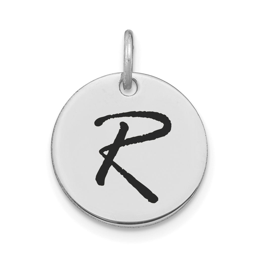 14K White Gold Polished Black Enamel Letter R Initial Disk Charm
