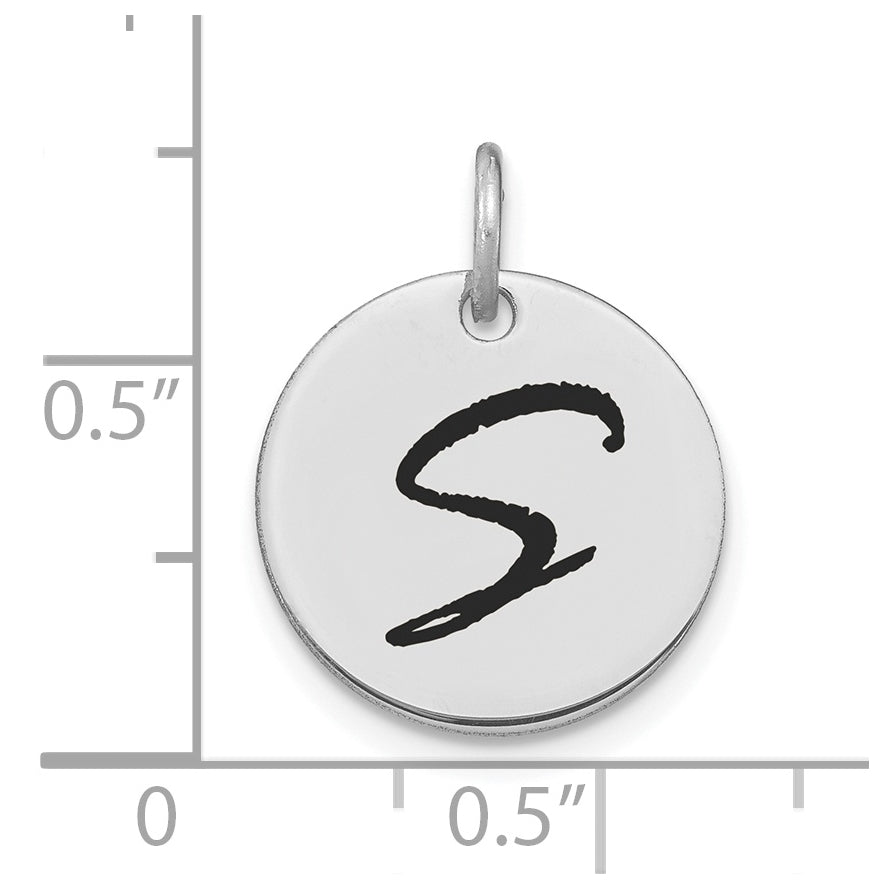 14K White Gold Polished Black Enamel Letter S Initial Disk Charm