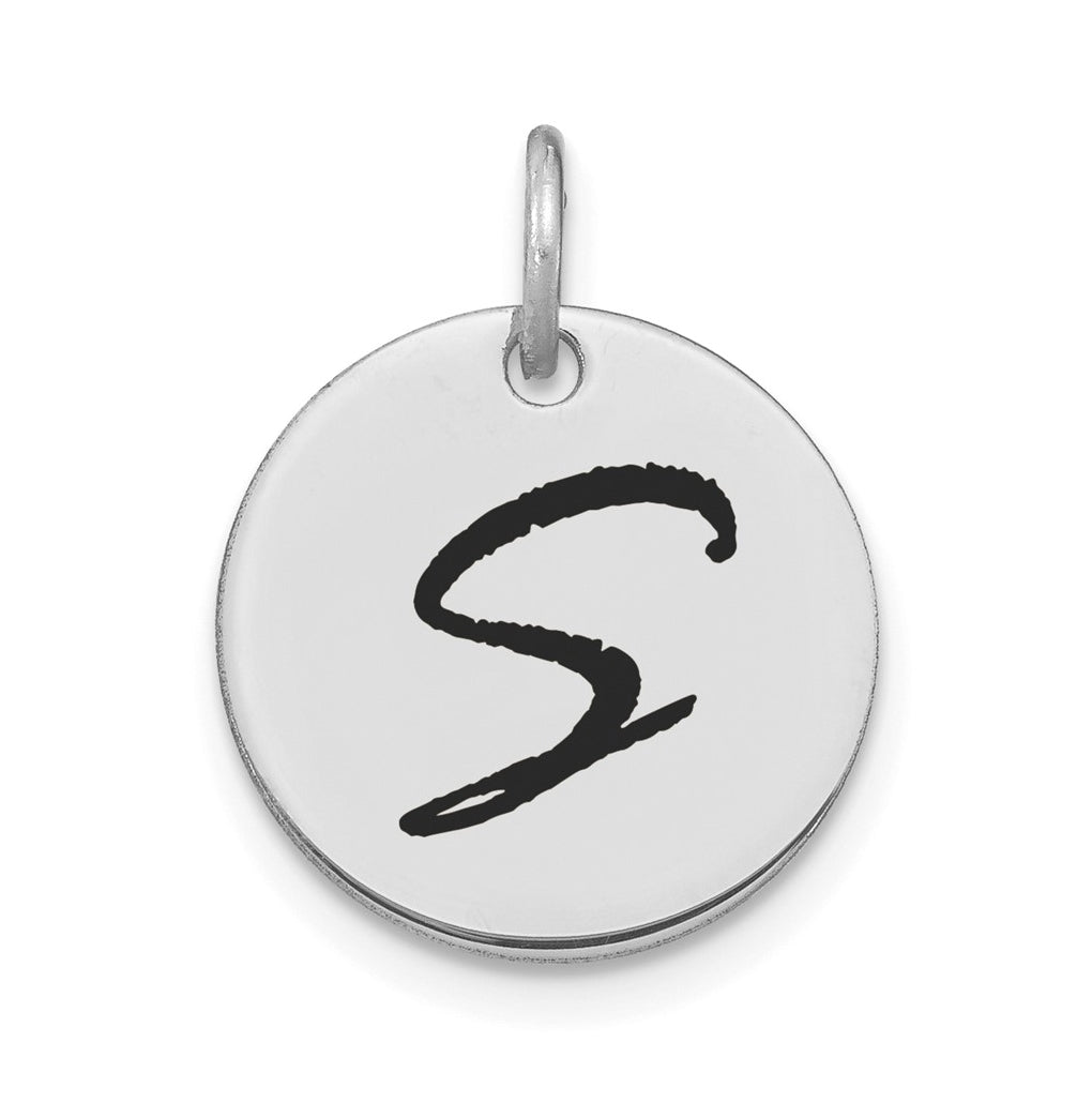 14K White Gold Polished Black Enamel Letter S Initial Disk Charm