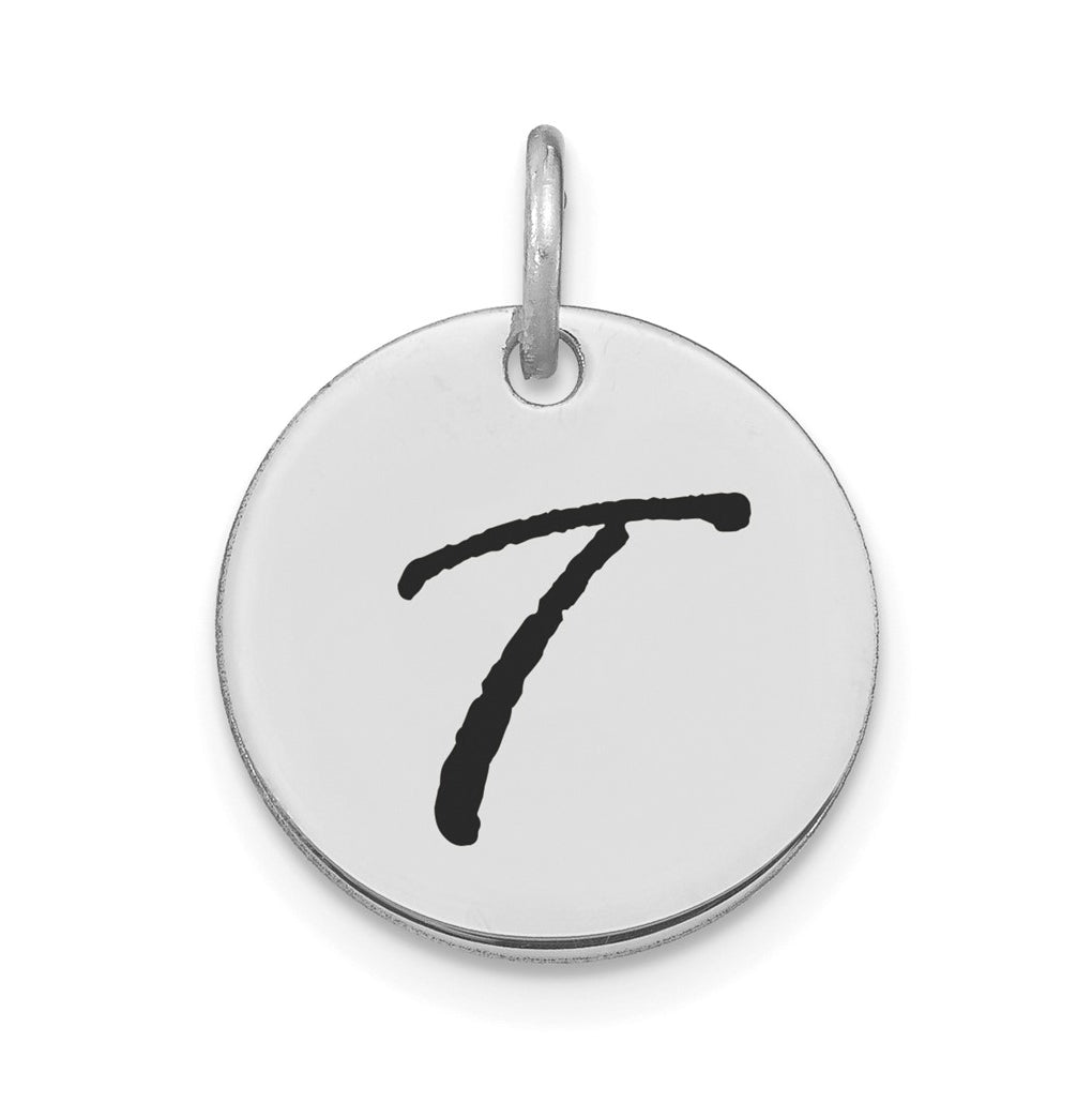 14K White Gold Polished Black Enamel Letter T Initial Disk Charm