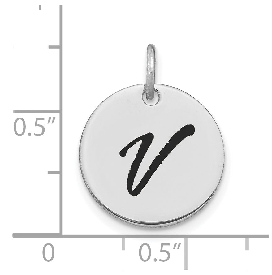 14K White Gold Polished Black Enamel Letter V Initial Disk Charm