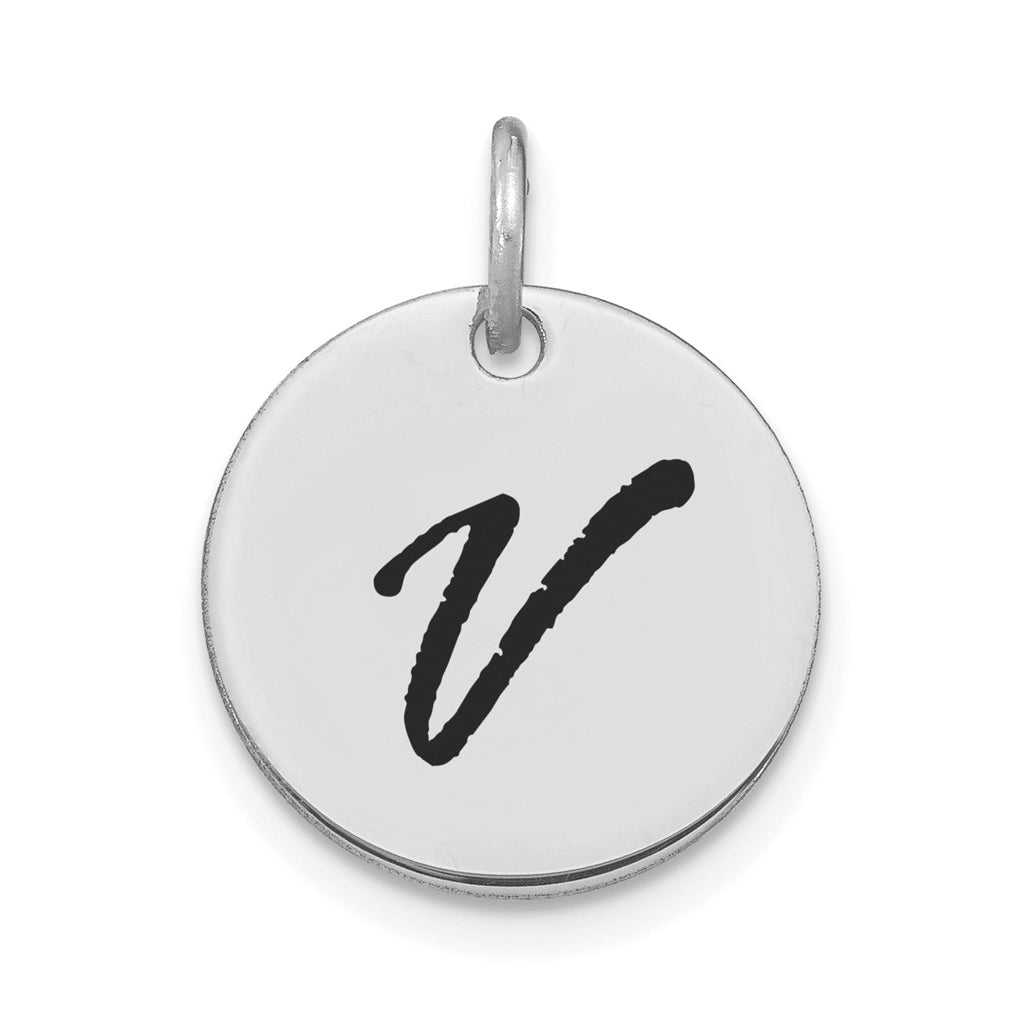 14K White Gold Polished Black Enamel Letter V Initial Disk Charm