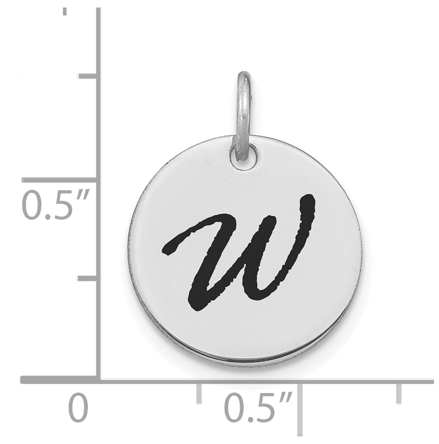 14K White Gold Polished Black Enamel Letter W Initial Disk Charm