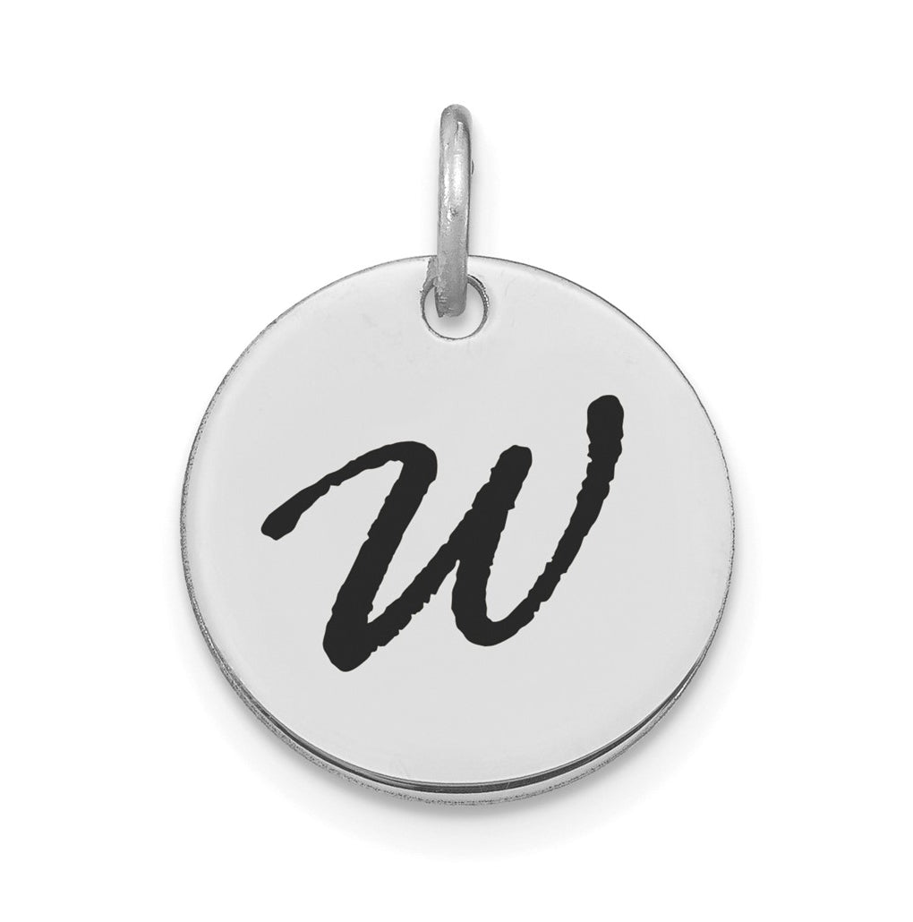 14K White Gold Polished Black Enamel Letter W Initial Disk Charm