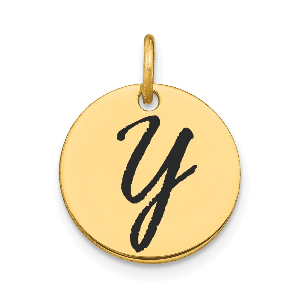 14K Yellow Gold Polished Black Enamel Letter Y Initial Disk Charm