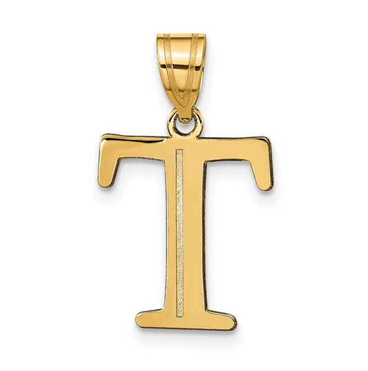 14K Yellow Gold Polished Etched Letter T Initial Pendant