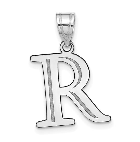 14K White Gold Polished Etched Letter R Initial Pendant