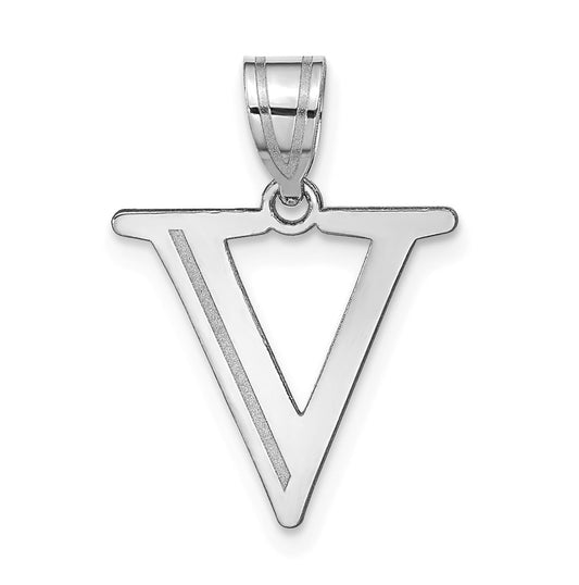 14K White Gold Polished Etched Letter V Initial Pendant
