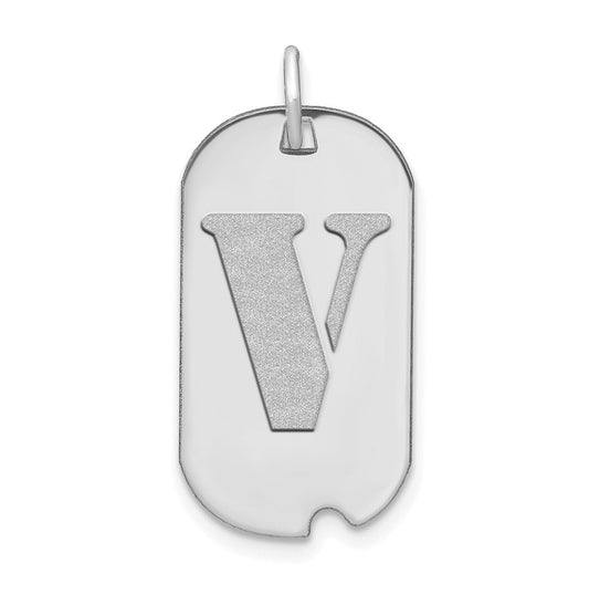 14K White Gold Polished Letter V Initial Dog Tag Pendant