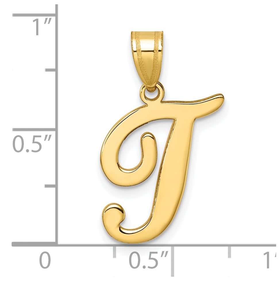 14K Yellow Gold Script Letter T Initial Pendant
